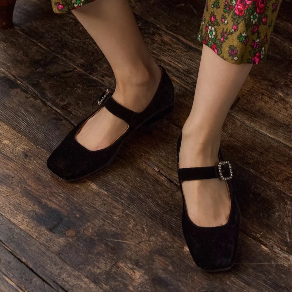 Penelope Chilvers Low Mary Jane Diamante Velvet Shoe Black
